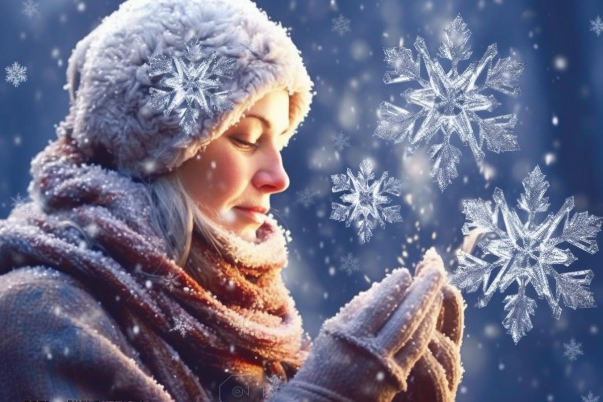 A very beautiful grandmother blows snowflakes off her mitten.