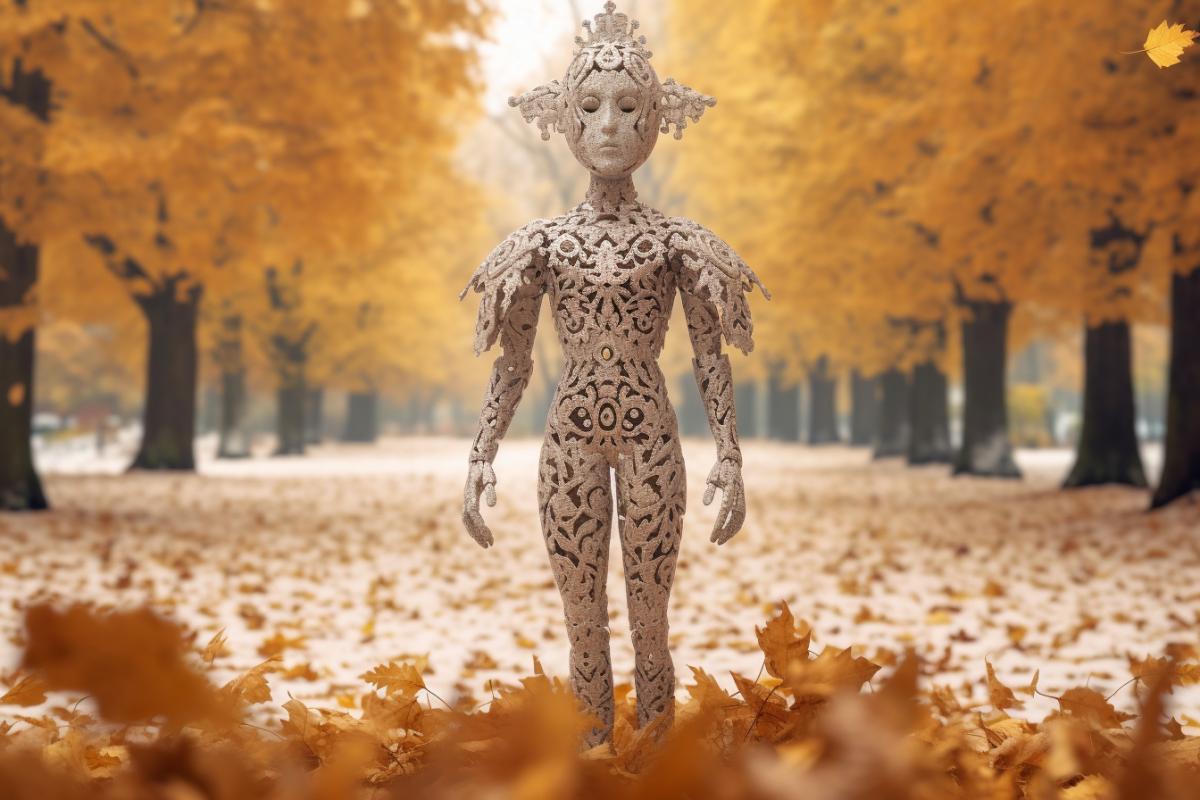 A humanoid snowflake walks through an autumn park