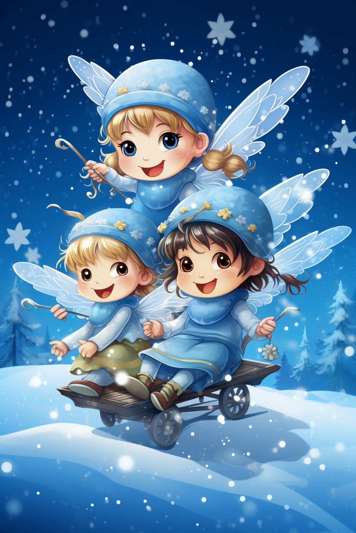 happy little fairies riding the most beautiful flying snowflakes