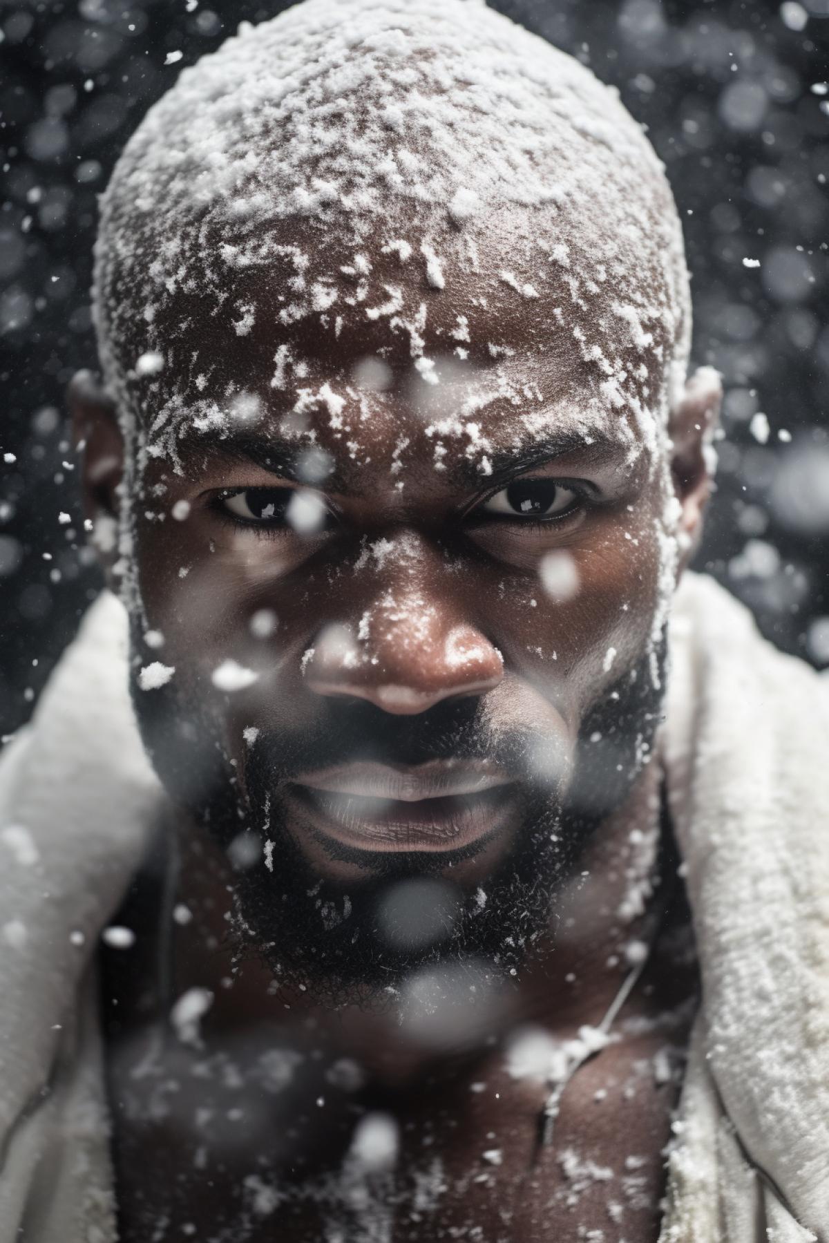Photo session of tough athletic bald Afro-American in blizzard of big beautiful snowflakes shocking contrast of dark and white palettes
