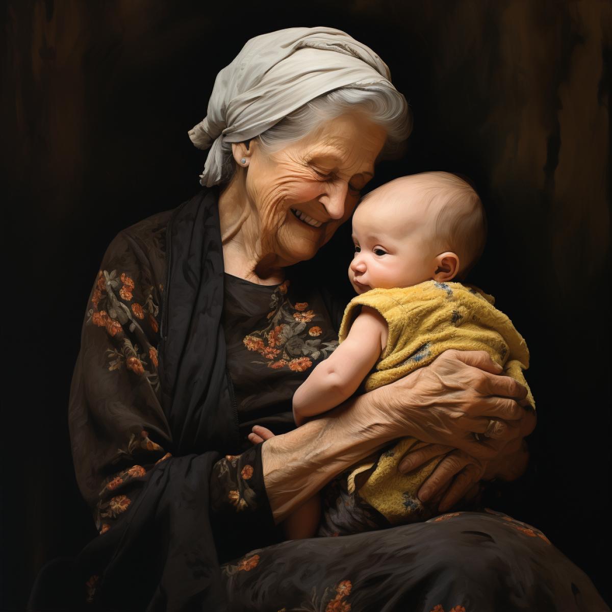 Grandmother is shown a newborn grandson, the grandmother holds him in her arms and is happy