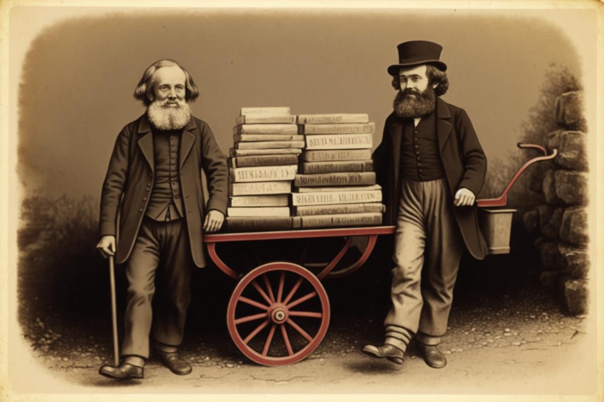 Karl Marx and Friedrich Engels carry books on a cart. Albumen print.