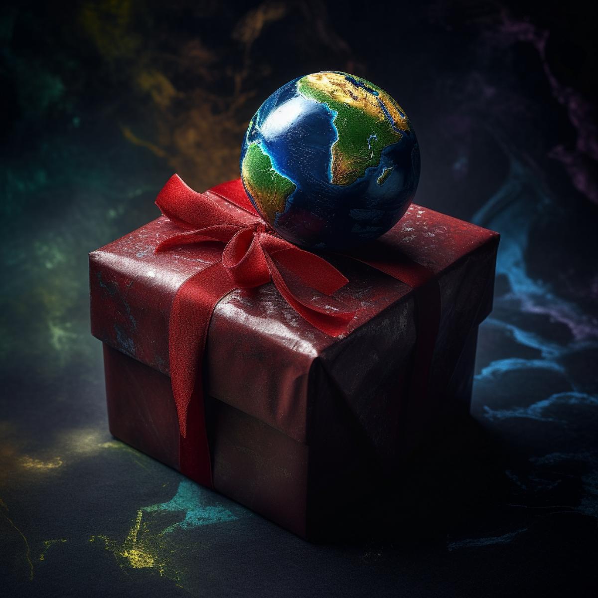Gift, detailed with planet earth, Gothic style, bright and rich colors, photography