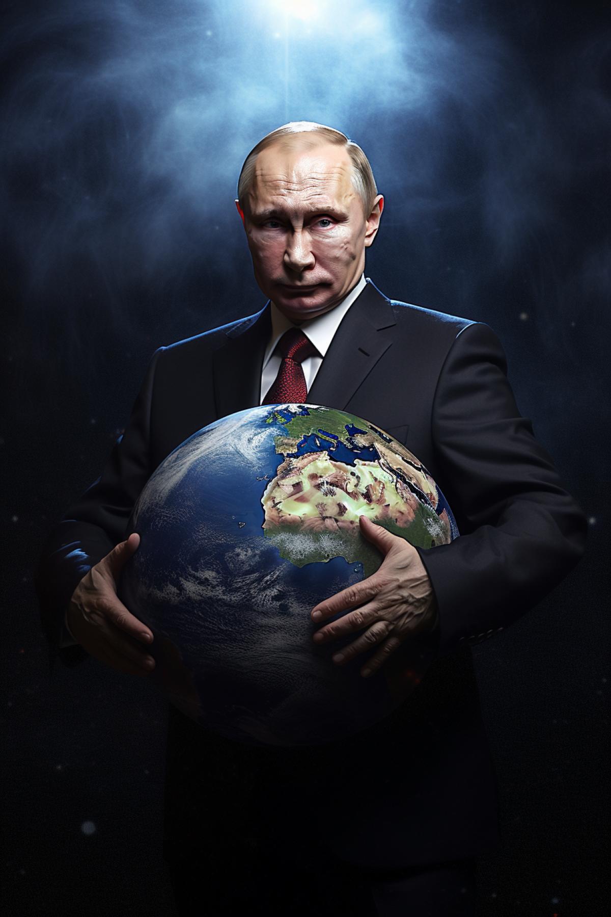 Putin in space holds planet Earth, high quality, good detail