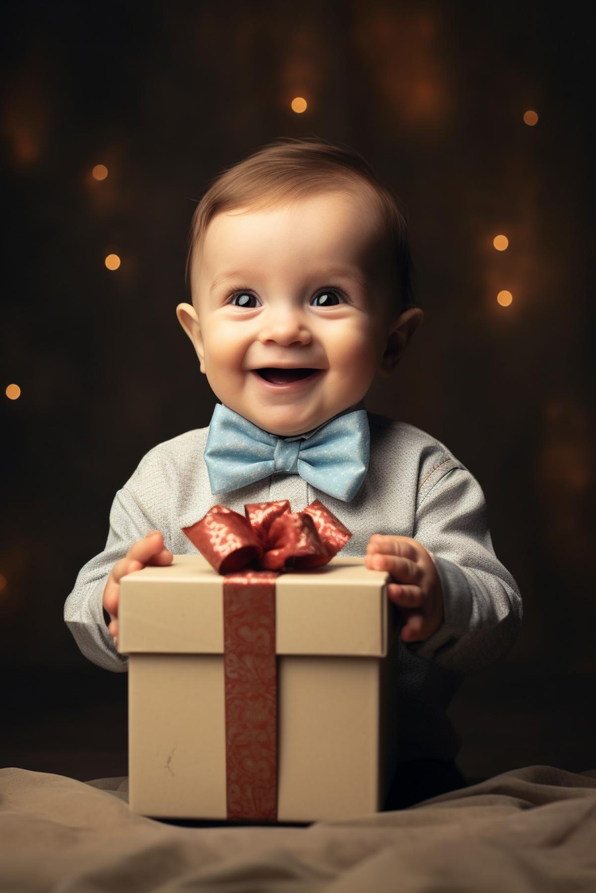 Little baby holds a gift in his hands and rejoices