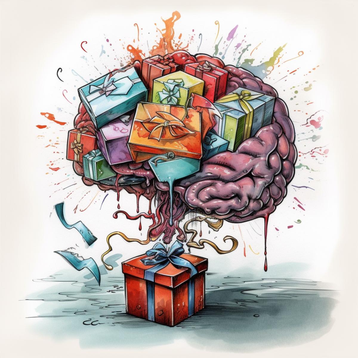 gift, brain, mind caricature, rich colors,