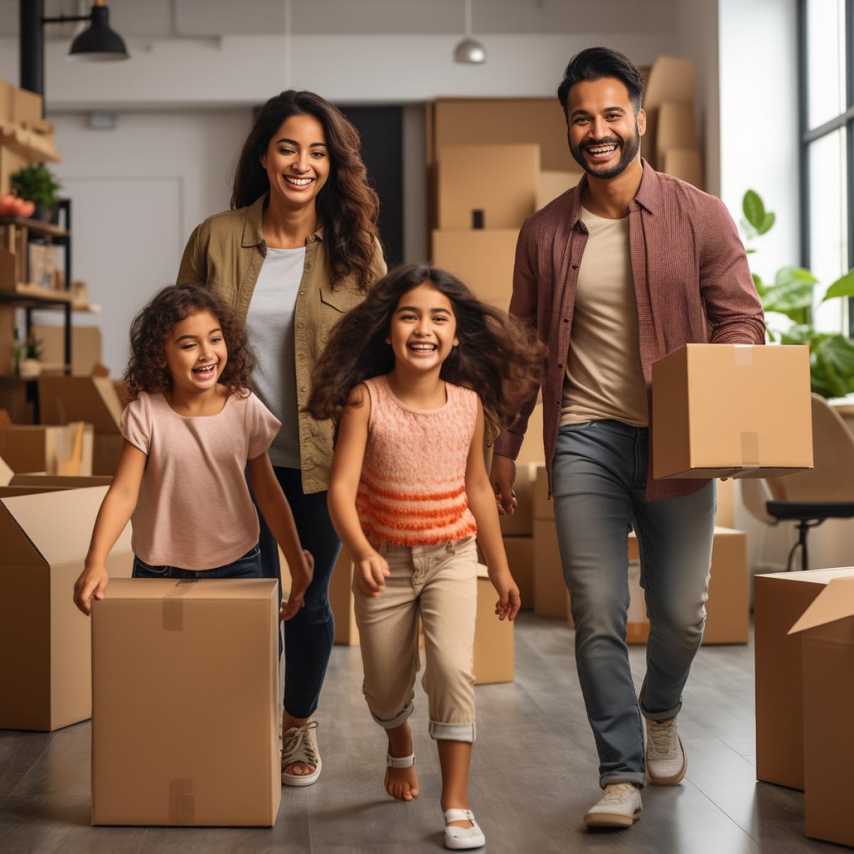 A young family enters their new home, looking around, joy, fun, housewarming, beautiful house, beautiful people, light, spacious