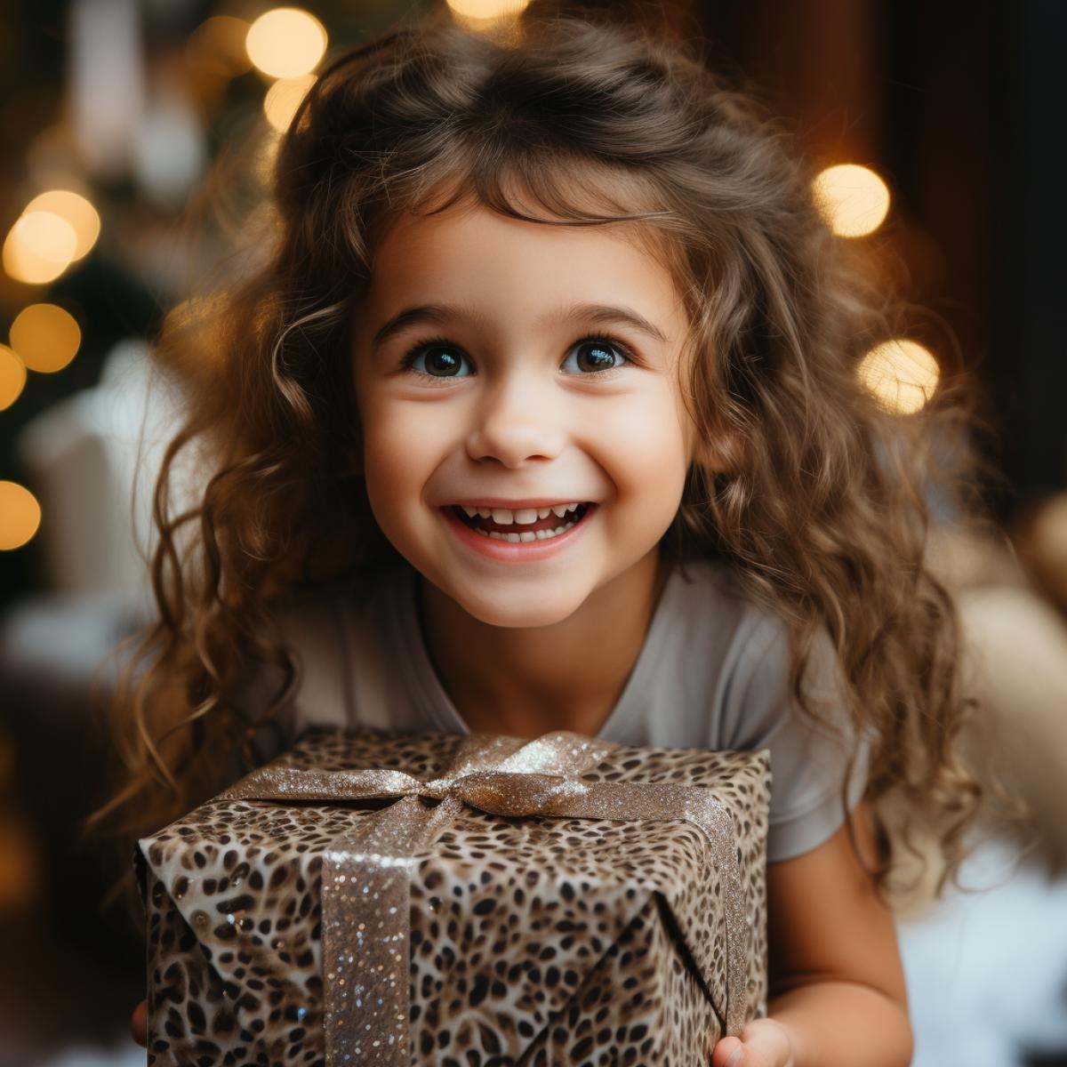 A beautiful little girl, joyful and surprised, opening a gift box, from which a miniature live dinosaur looks out, on the background of a glowing Christmas tree
