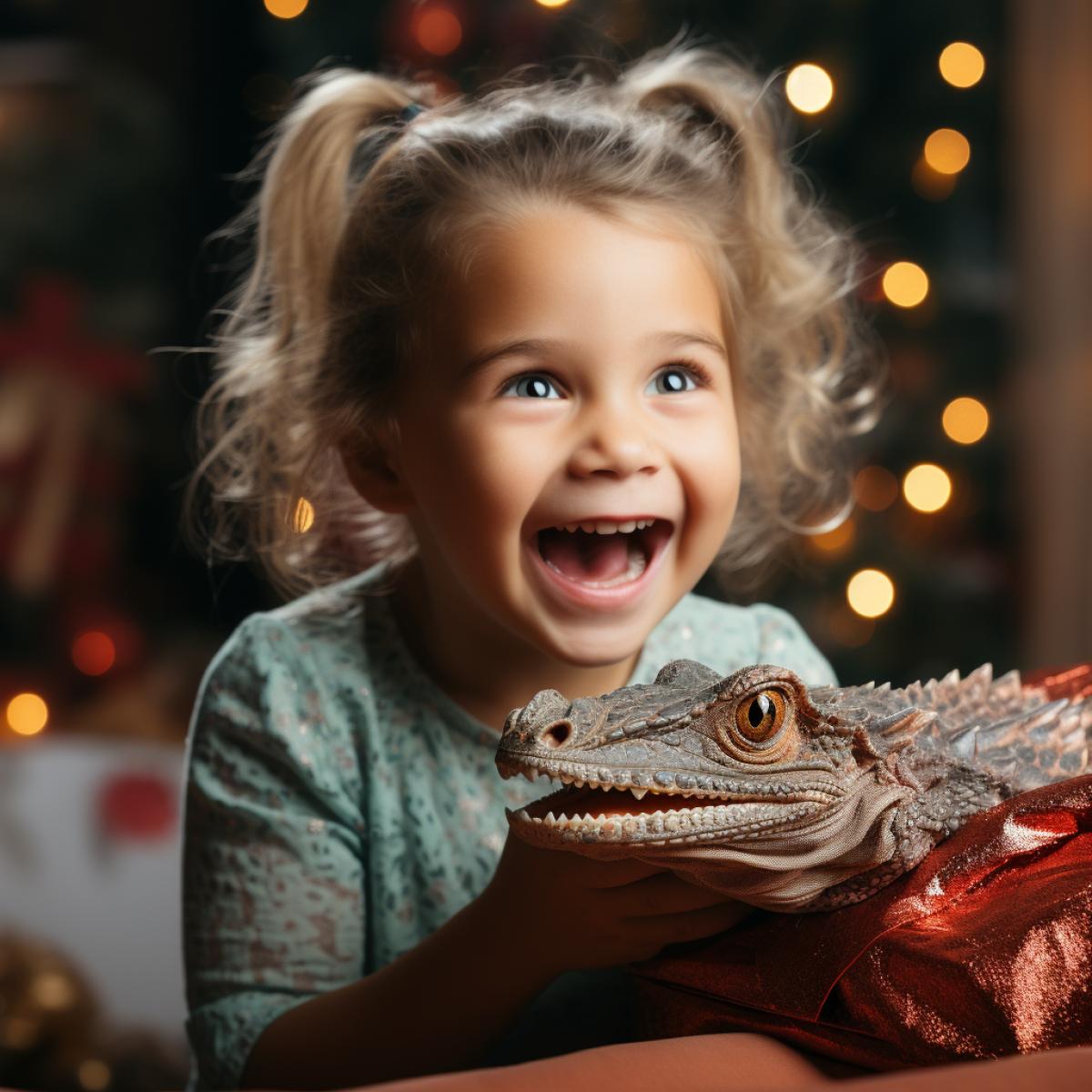 A beautiful little girl, joyful and surprised, looks at a living little dinosaur, which looks at the girl from an open gift box, which the girl is holding in her hands, against the backdrop of a glowing Christmas tree