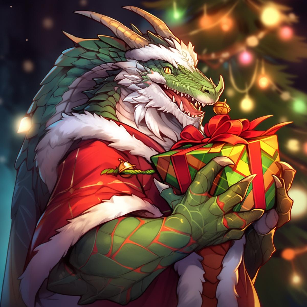 An anthropomorphic cool dragon in a Santa Claus costume, holding a beautiful gift, in the background there is a green Christmas tree with balls