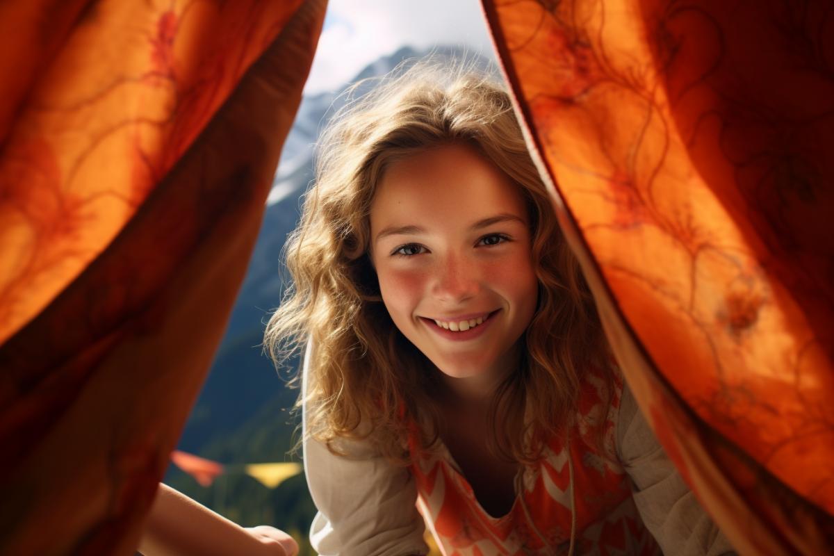 Smiling girl looking out of a tent, Swiss mountains