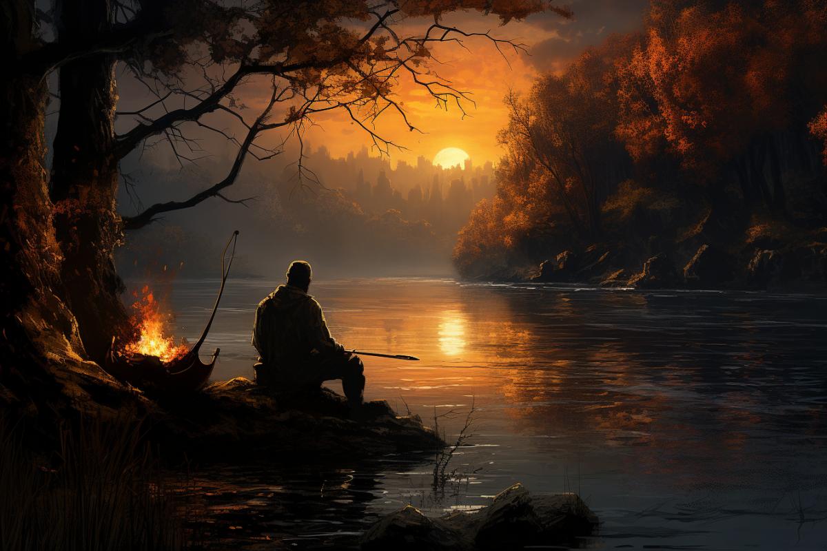 Fisherman on the river bank, fire burning, silence