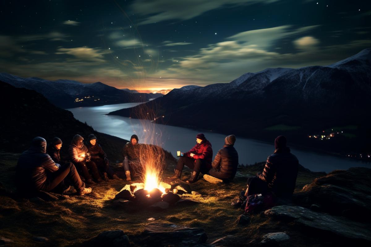 People on a hike sit around a fire under the starry sky