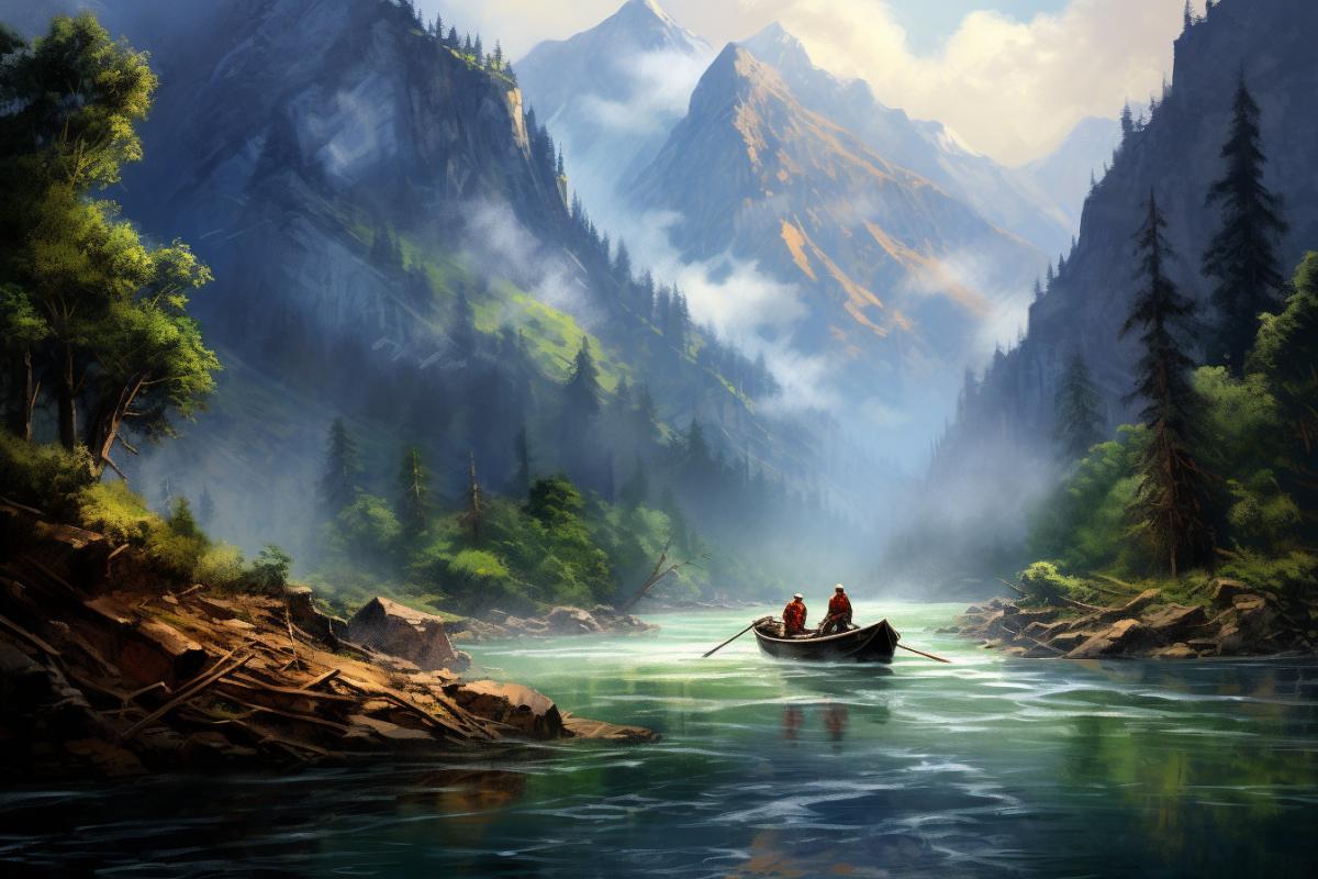 Boat crossing on a mountain river, romance of the hike