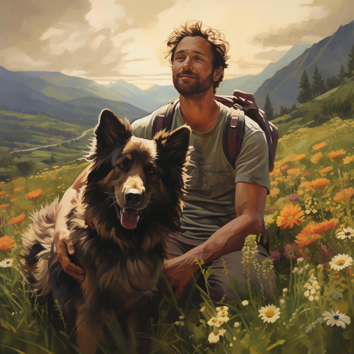 A man and his faithful dog on a hiking trip in a flowering meadow