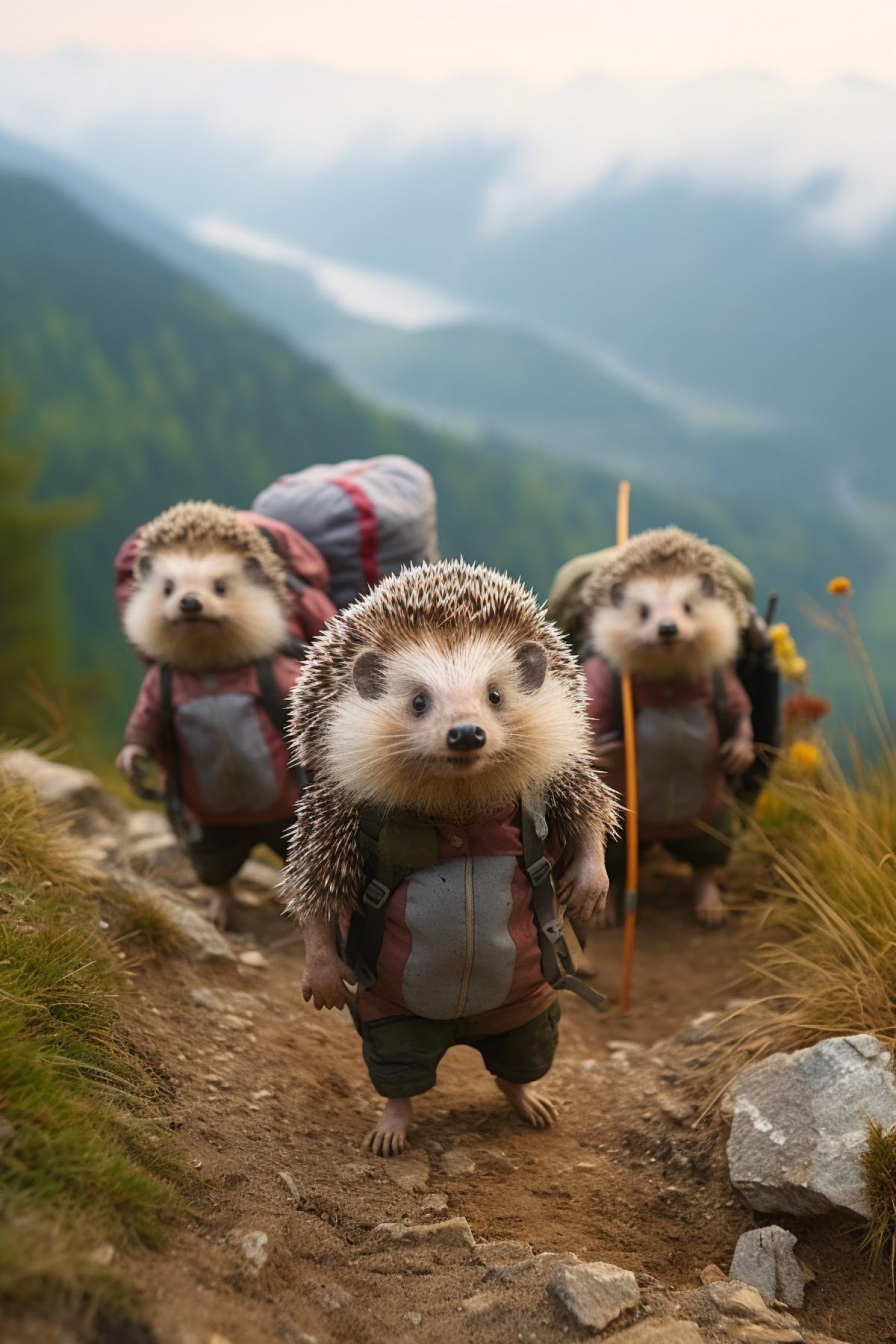 String procession of hedgehogs in misty morning mountains with backpacks smart tired faces foggy beautiful mountain nature around