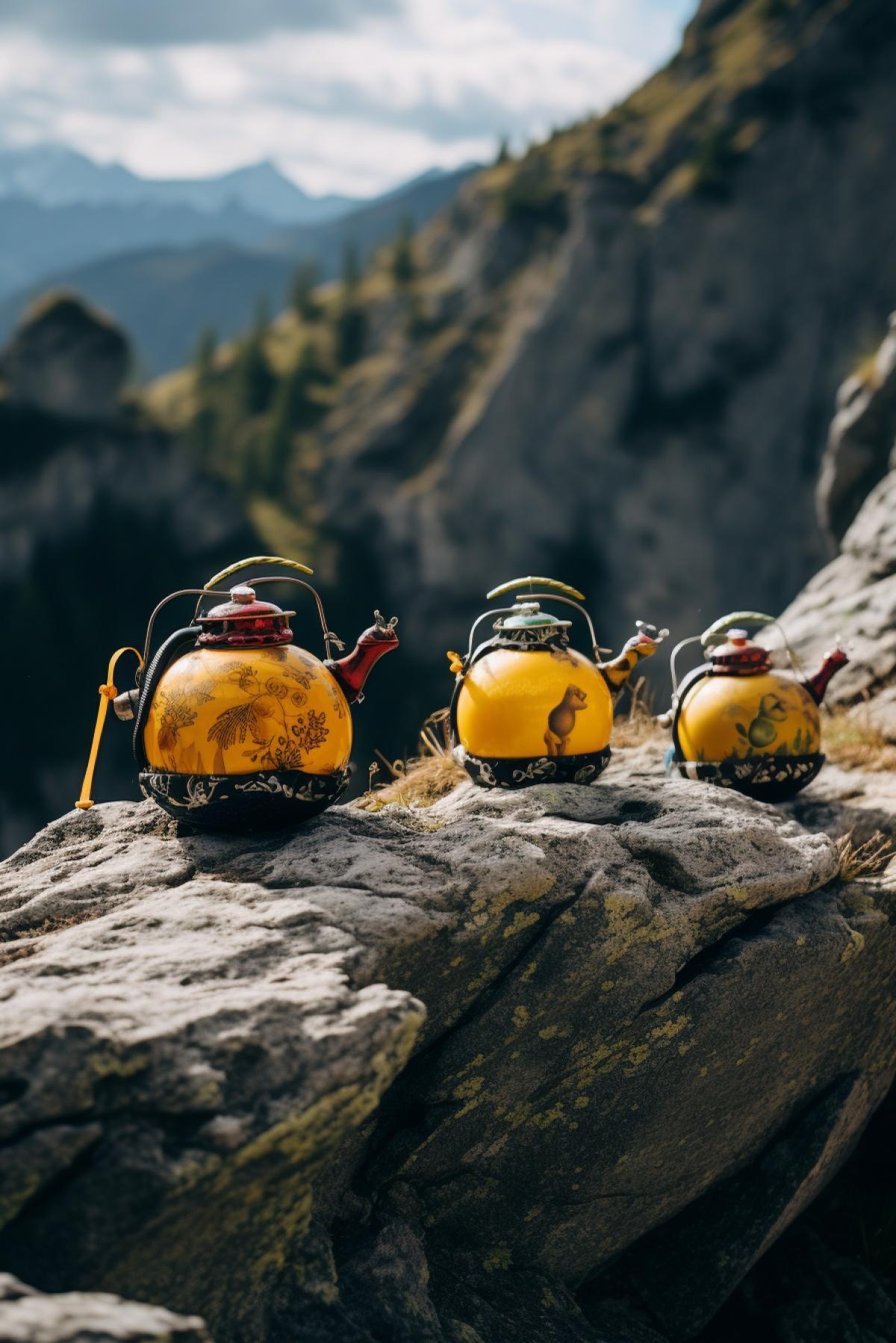 String procession of three teapots with backpacks in mountains ironic photo