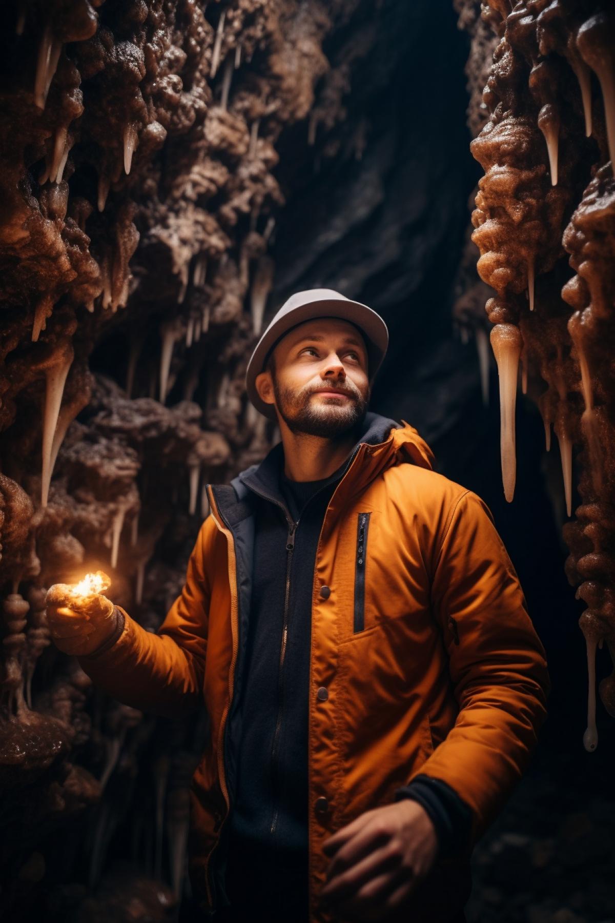 Handsome smart spelaeologist deep in narrow cave pocket light on hands highlighting stalactites and stalagmites underground stream breathtaking view