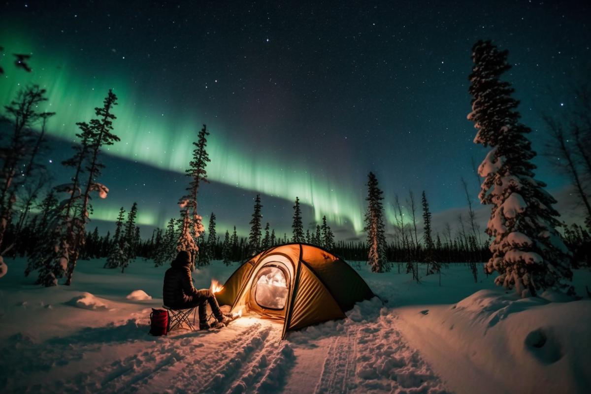 Winter in Karelia, northern lights, hike, tourist tents, bonfire