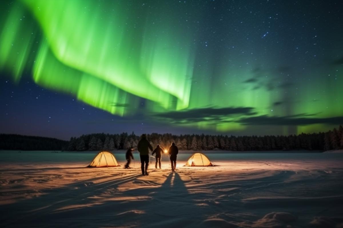 Winter in Karelia, northern lights, hike, tourist tents, bonfire