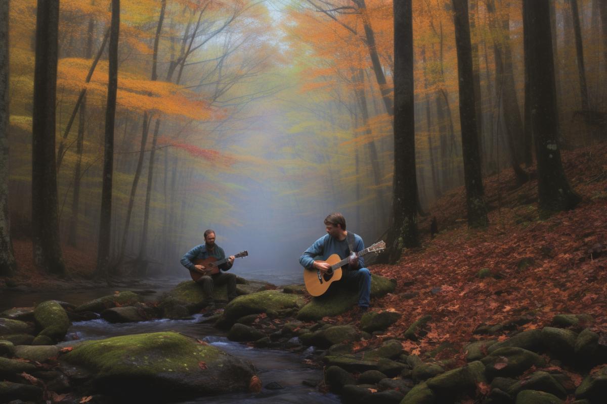 People on a hike sing songs by the fire, play the guitar