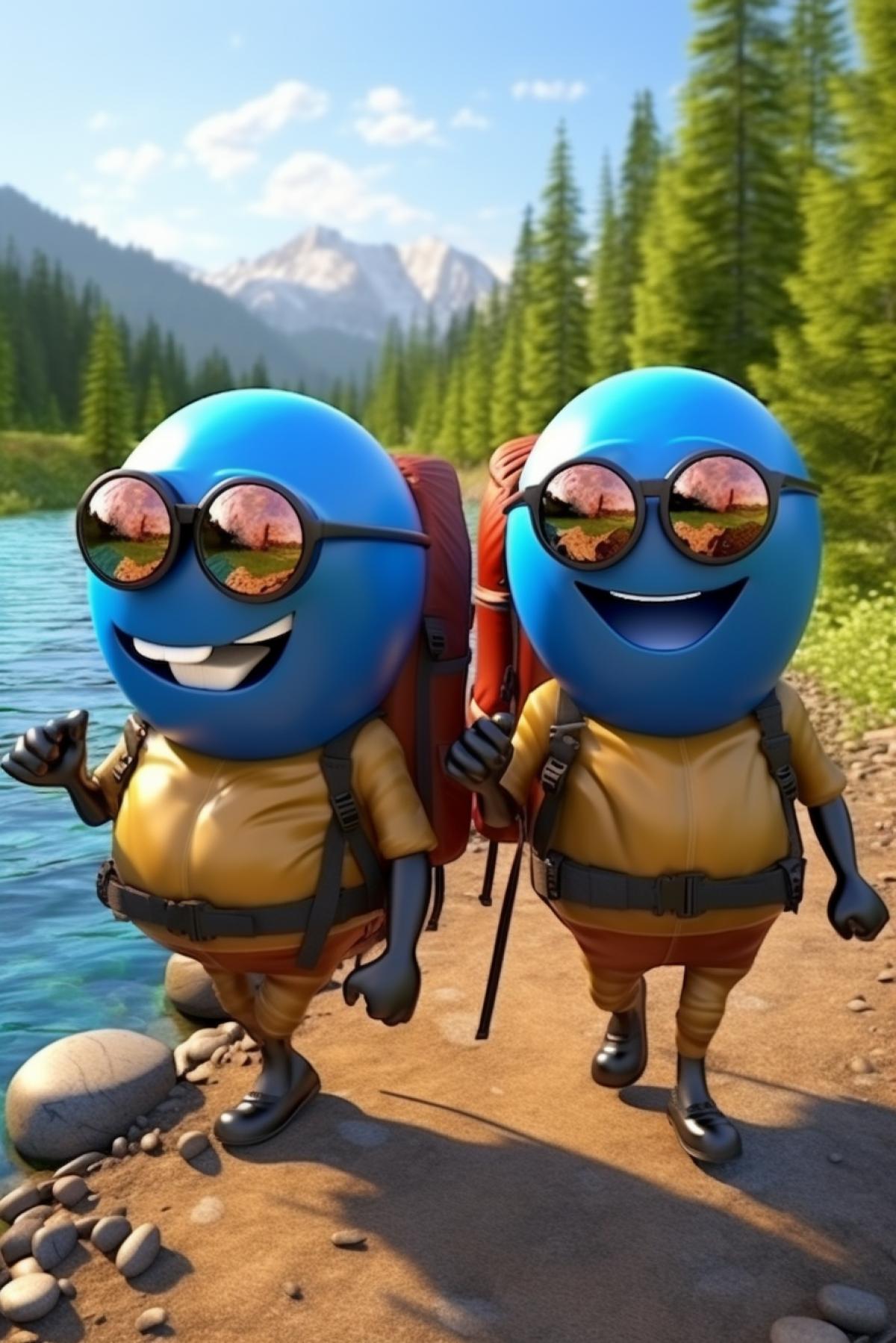 Funny spherical tourists with backpacks sunglasses in nature Pixar 3d illustration