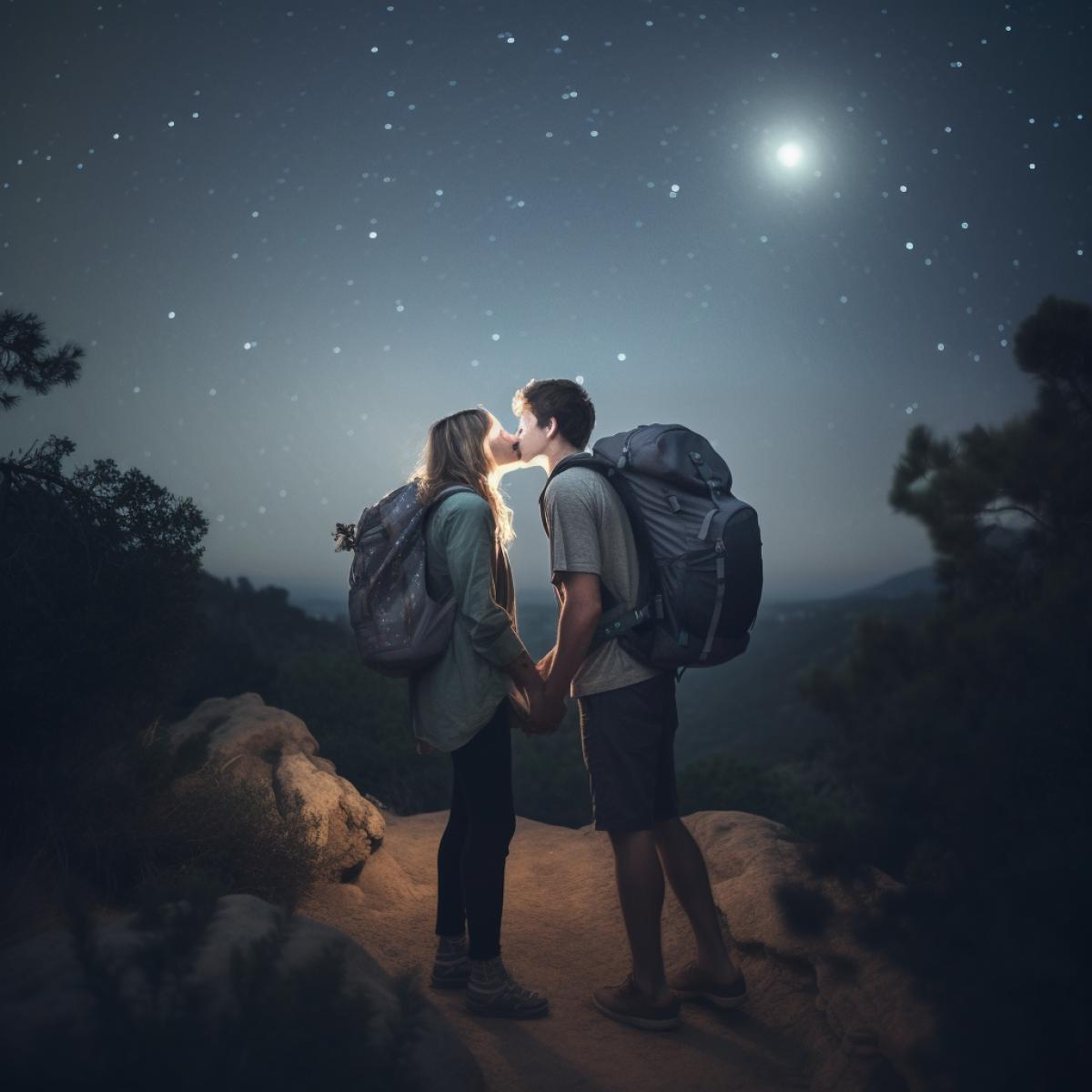Hike, romance, stars, moon, first kiss, photography