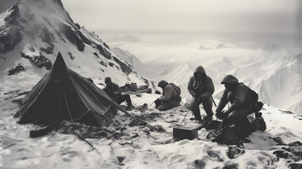 aerial photo, a group of skiers gathered around a tent on the side of a mountain, in the style of soviet lens, emphasis on atmospheric effects, dark white and gray, argus c3, military and naval scenes, notable sense of movement, concise brushwork techniques