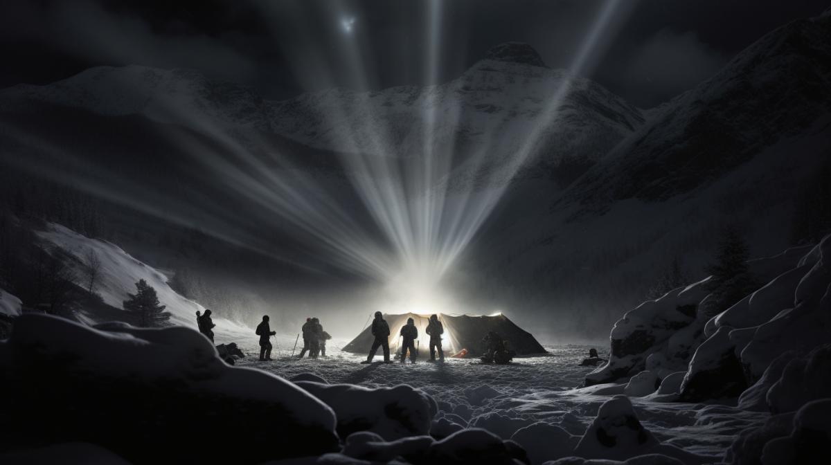 a group of 9 skiers gathered around a tent on the side of a mountain, Theres a UFO hovering in the sky above the skiers, in the style of soviet lens, emphasis on atmospheric effects, dark white and gray, argus c3, military and naval scenes, notable sense of movement, concise brushwork techniques