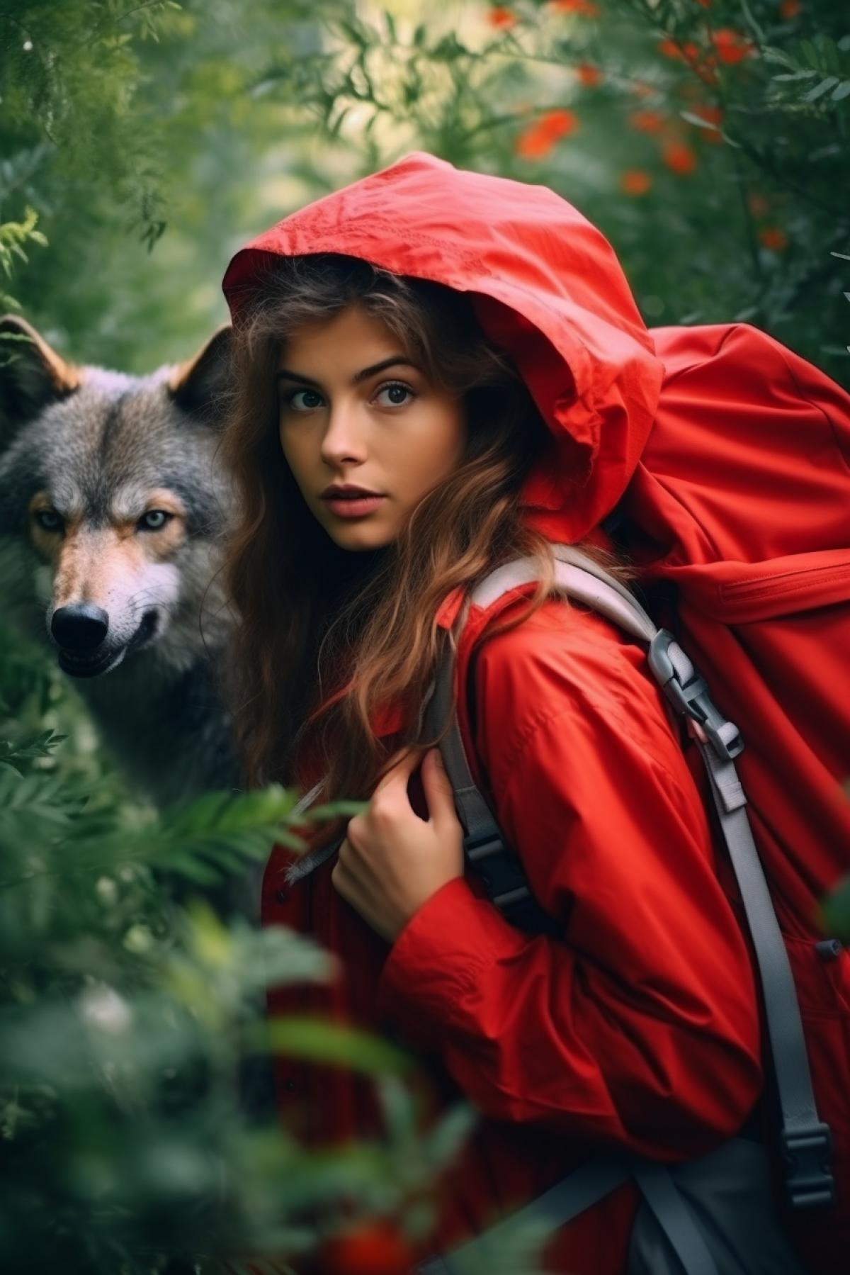 Young beautiful happy red riding hood wearing sportswear with packsack marching in rush epic full hight through summer sunny fore on background of the puzzled amazed wolf is hiding in bushes