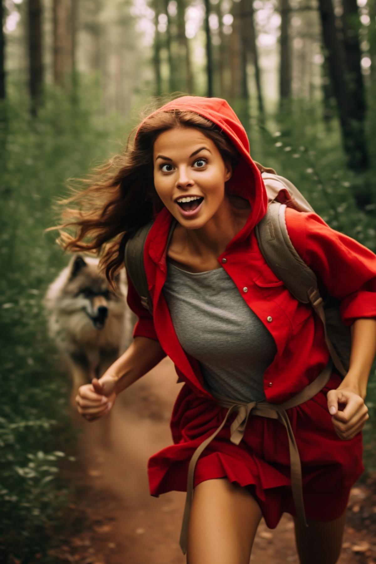 Young beautiful happy red riding hood wearing sportswear short skirt red hood with packsack marching in rush epic full hight through summer sunny forest on background of the puzzled amazed surprised wolf is hiding in bushes