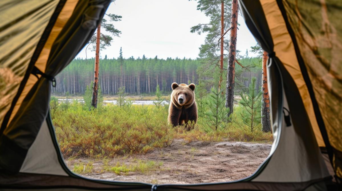 The view from the tourist tent is of the taiga, and a bear is peeking through the open tent door