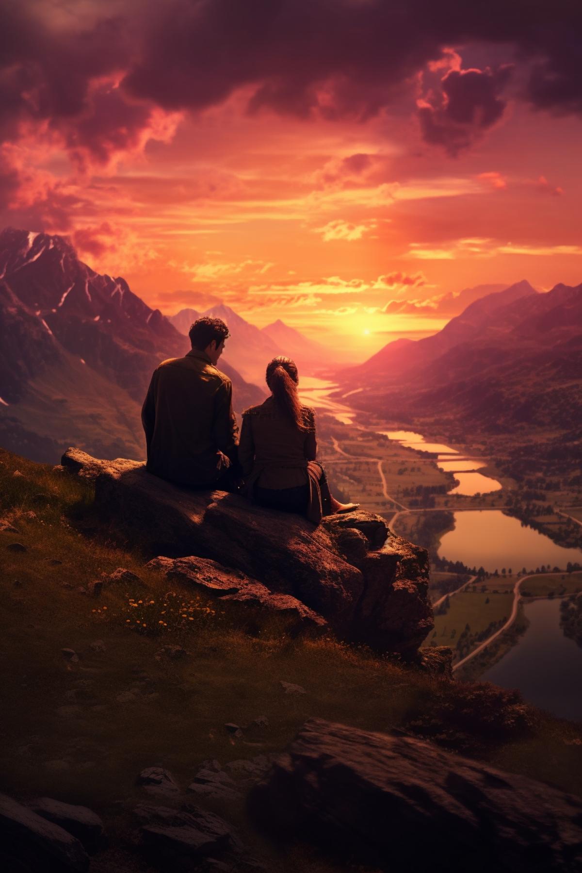 A woman and a man sit on the mountain and watch a beautiful sunset
