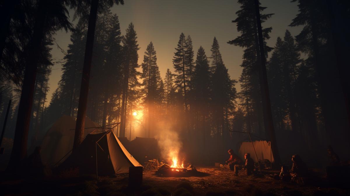 Illustrate the suns rays piercing through the fog in a pine forest Illuminates A tent with campers and a campfire, creating a mystical and ethereal scene as light and shadow play amongst the towering trees