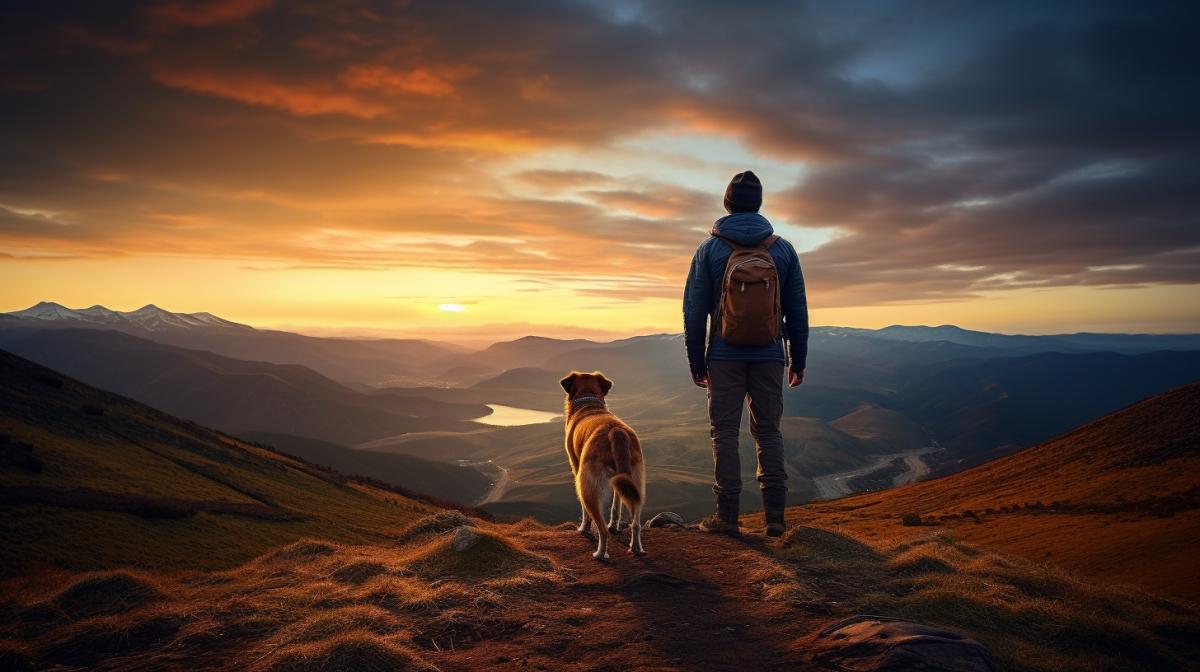 Back view, hiker with dog standing on a hill and looking at the endless taga, sunset, breathtaking nature, stunning photo.