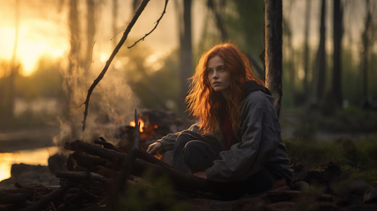 ethereal dramatic red-haired woman sitting on a tree Next to the campfire in sunset swamp landscape, moss, fog, mist, forestpunk, slavic pagan mythology, tilt angle perspective, dreamlike, hyper-detailed, emphasis on detail, beautifully color-coded, photorealistic, intense shading, clean sharp focus, depth of field, dynamic angle, dynamic com4k, cinematic Light, Soft illumination, ultra realistic, hyper details