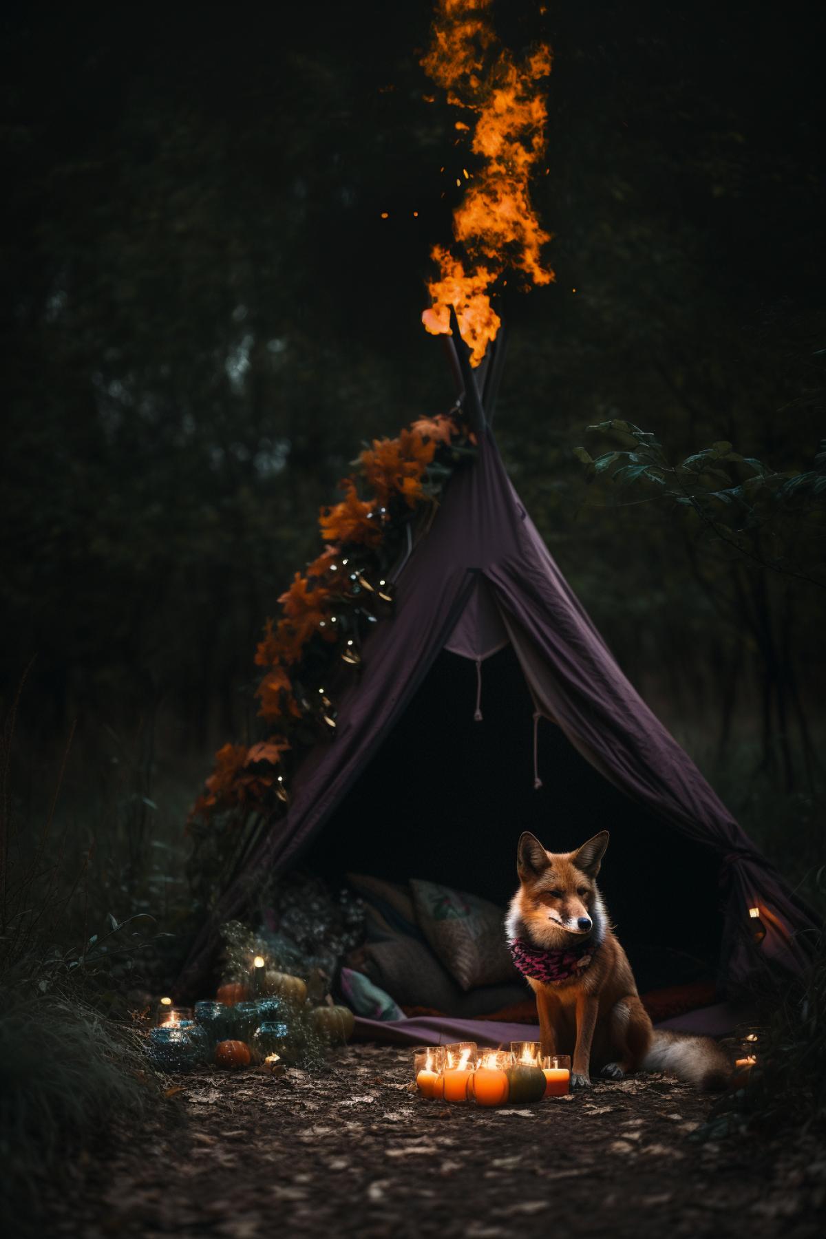 hike, tent, garland, pot on a fire, fox, photography