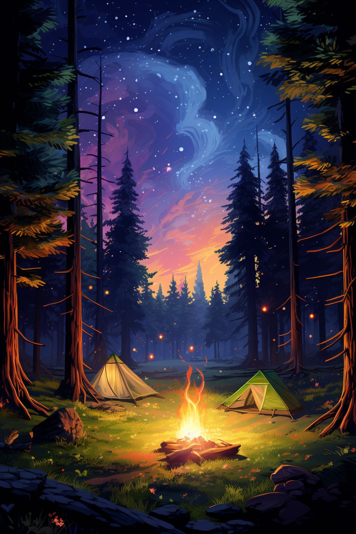Bonfire in the forest, starry sky