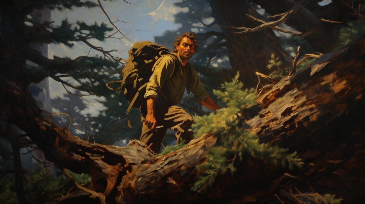 Oil painting in N.C Wyeths tyle, A hiker in a pine forest, Climbing through the driftwood, bold com4k, rich and saturated color palette, dramatic lighting, meticulous details