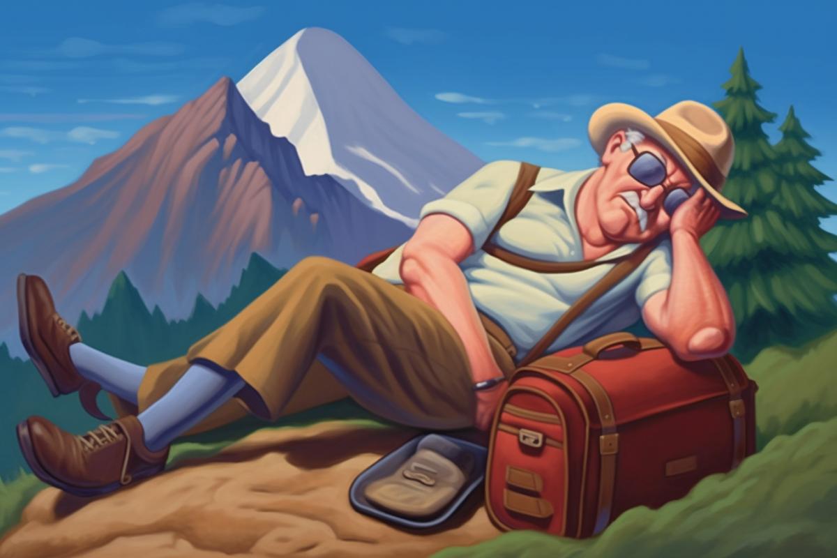 A tired, exhausted tourist lies on a huge backpack on the top of a mountain
