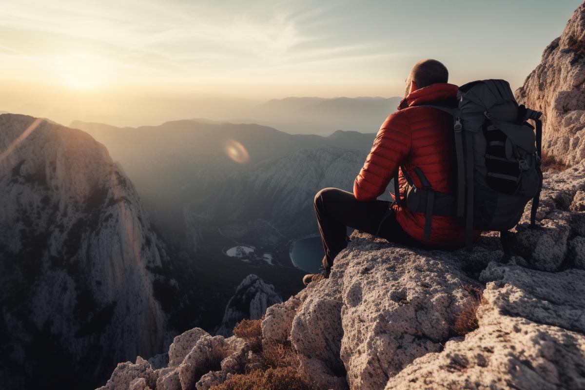 A tired, exhausted tourist lies on a huge backpack on the top of a mountain