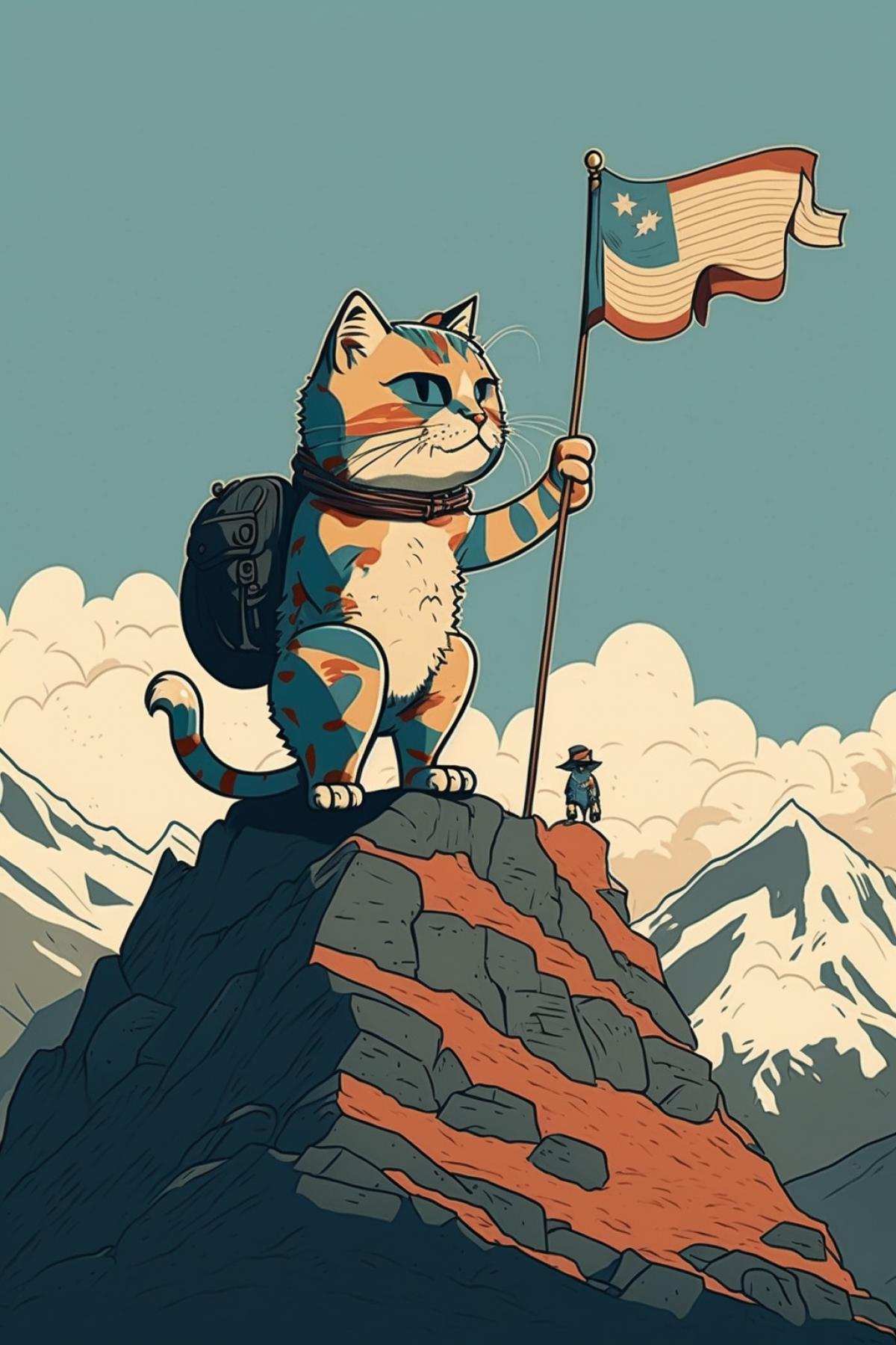 Humanization Cat tourist sets a flag on the top of the mountain humanization