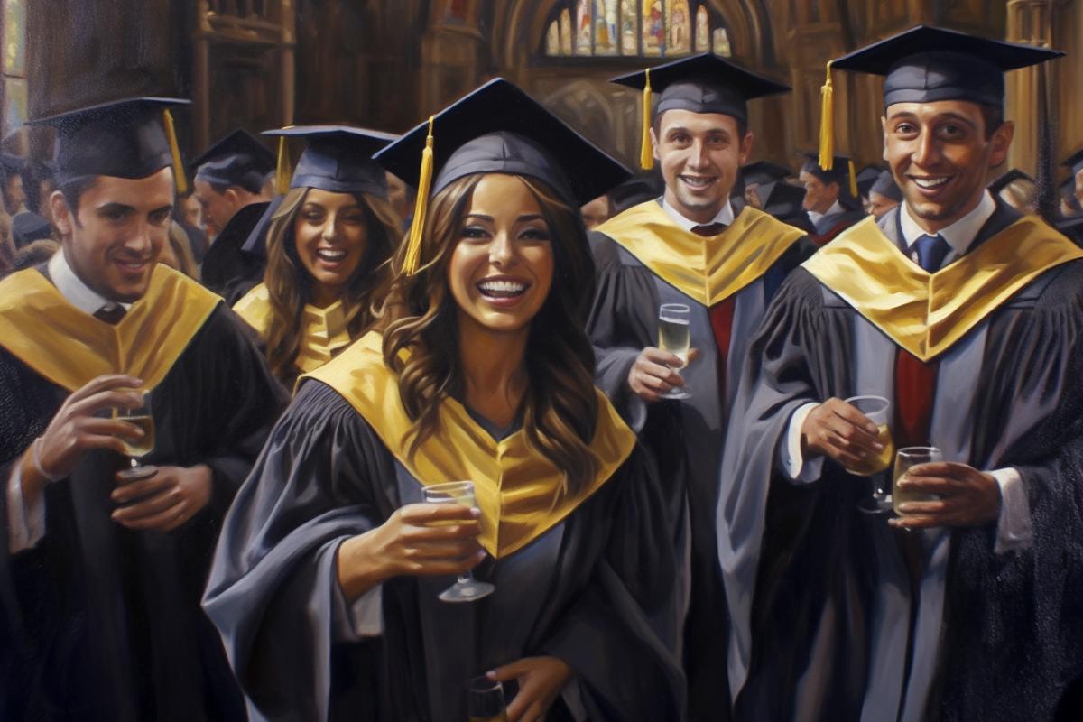 Graduates in graduation gown, holding diplomas and beer, very happy
