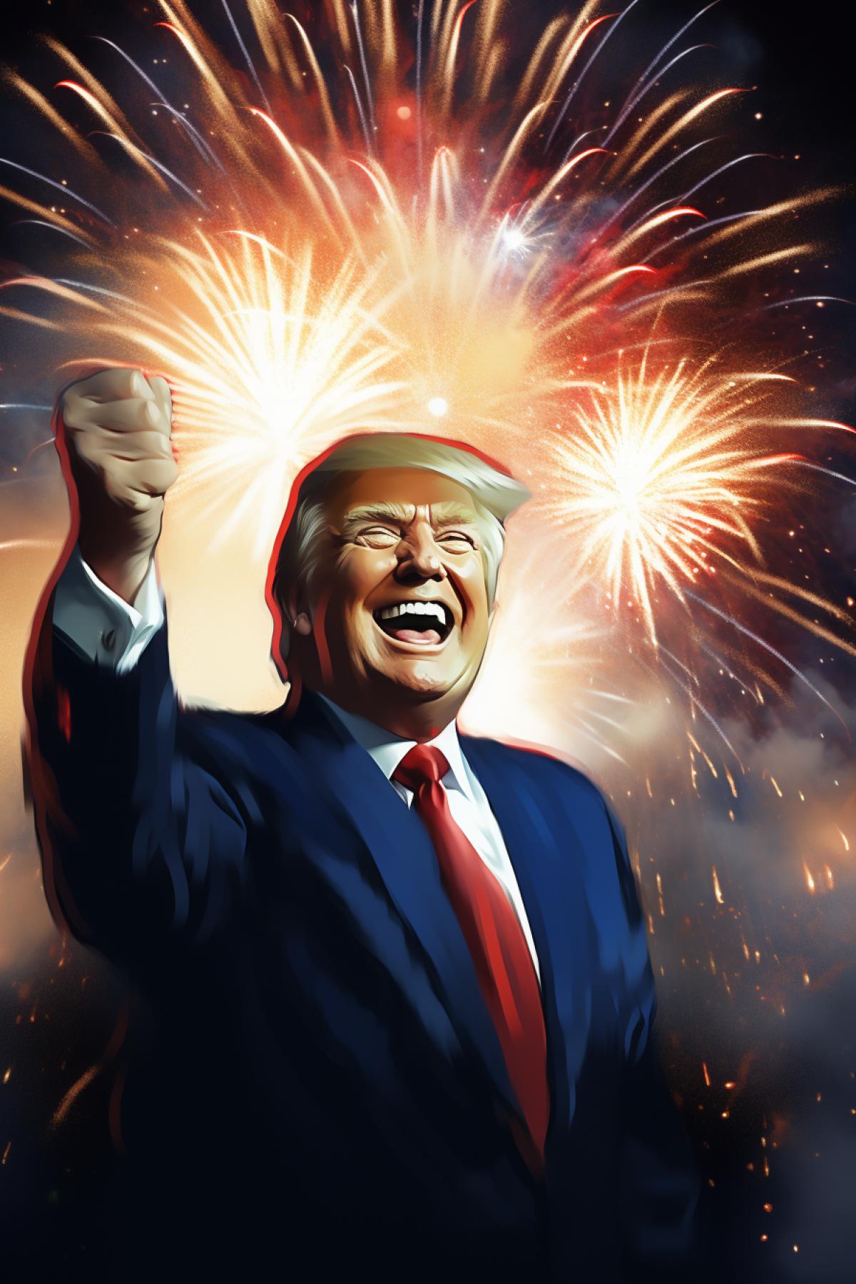Donald Trump rejoices at his victory in the US presidential election, high detail, good quality, atmosphere of happiness and joy