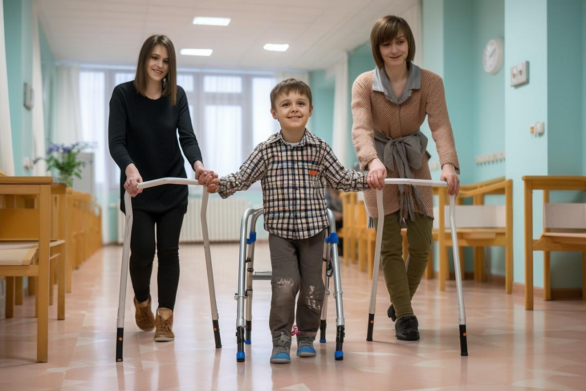 rehabilitation center, a thin boy with Elizarov devices on his feet takes an independent step forward to his mother, who holds out her hands to him, there is a wheelchair behind the boy, a nurse at his side, joy, happiness in the boy’s eyes