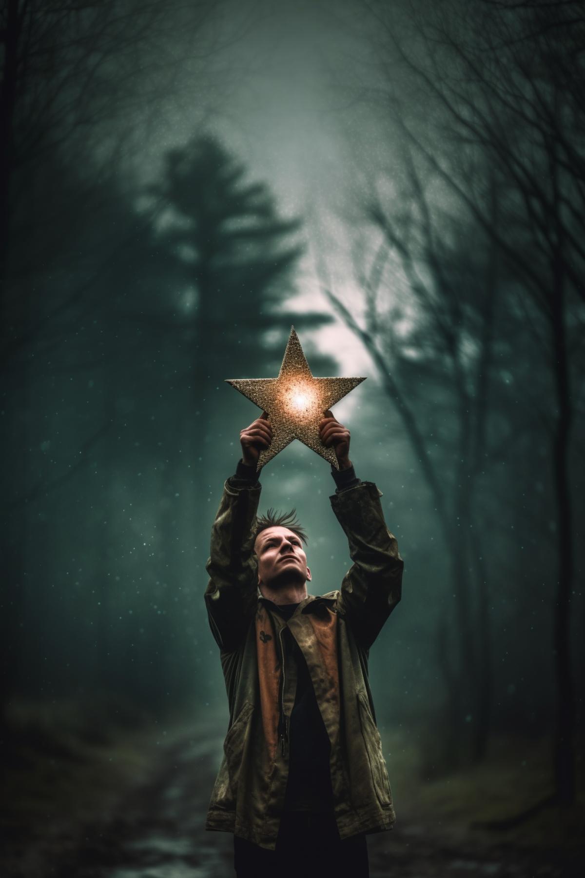 a man carries a star in his hands, triumph, rejoicing, Victory, first place, Gothic style, bright rich colors photography