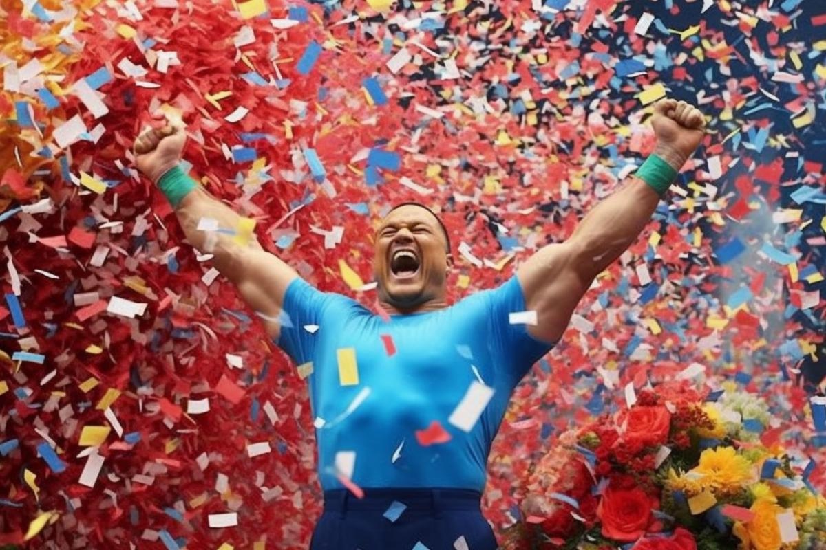 The weightlifter won the competition, rejoices, confetti!