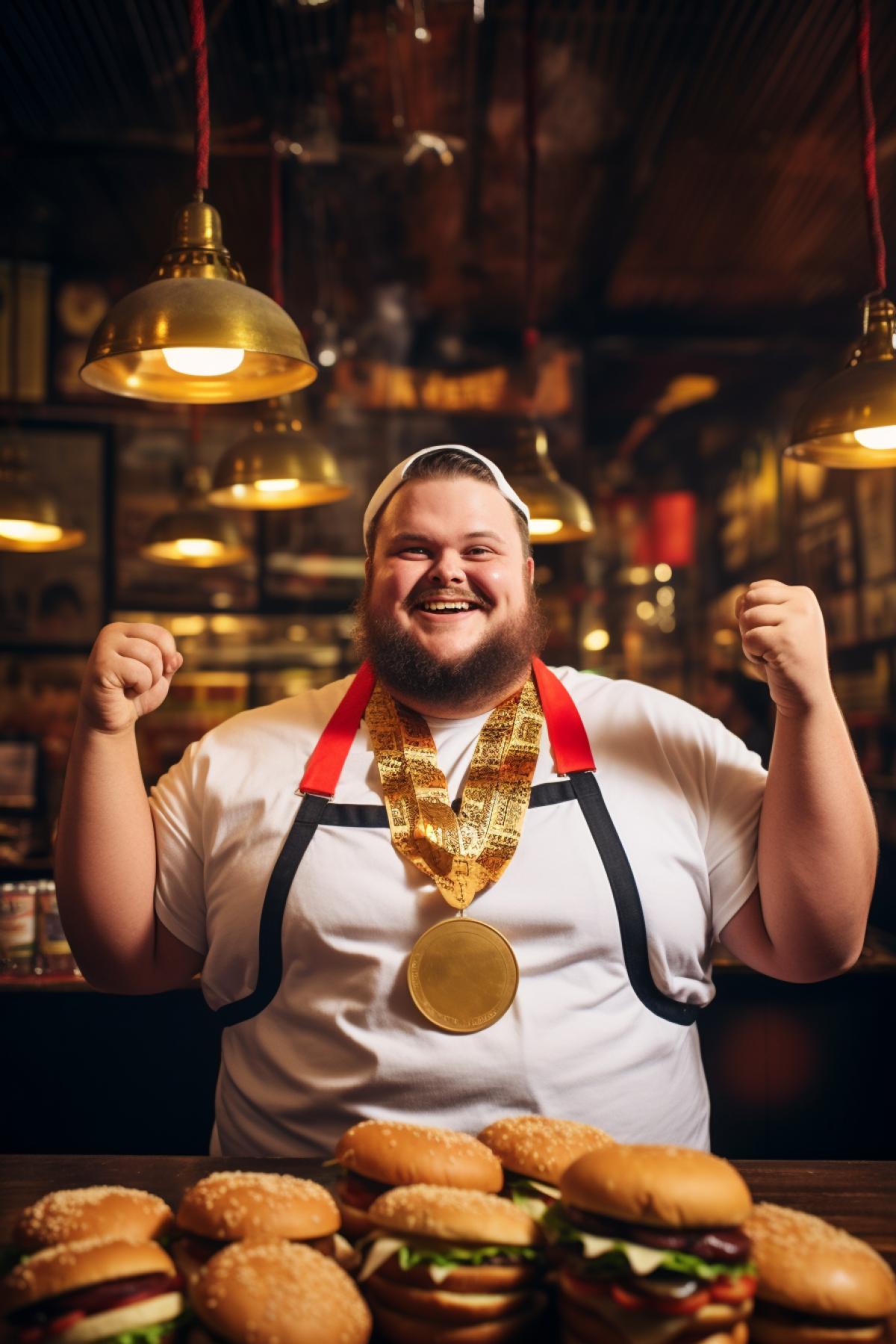 Fat and happy handsome gold medalist winner in burger eaters contest on the background of contest gold medal on detailed dozen of burgers on front