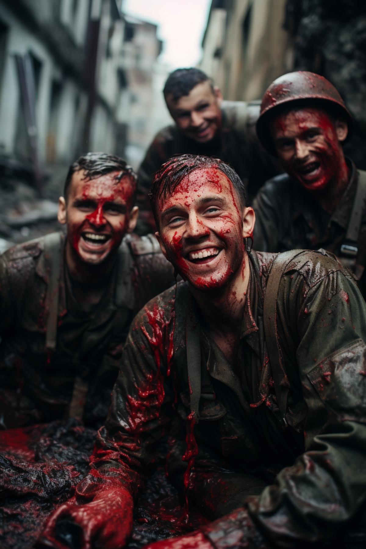 Soldiers after victory in mortal combat world war two documentary red liquid sweat joy on the background of ruins