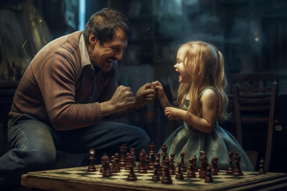 A grown man rejoices at the triumph of beating a little girl at chess. The girl is crying